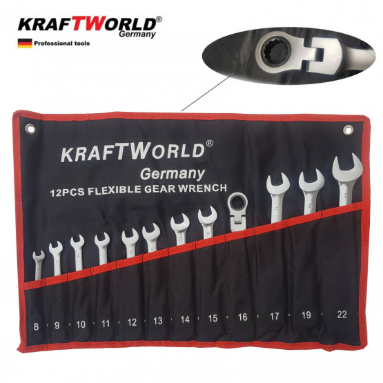 Звездогаечни тресчотни ключове 8-22мм KraftWorld с чупещо рамо