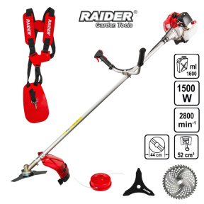 Бензинов тример RAIDER RD-GBC26 1.5 kW, 28 мм вал, нож, диск и корда, самар