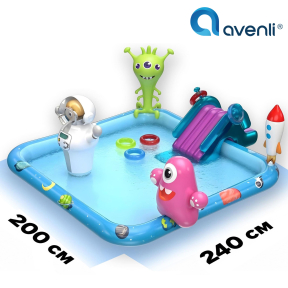 Надуваем център за игра AVENLI 240х200 см, с Пързалка, Пръскало и 8 играчки 