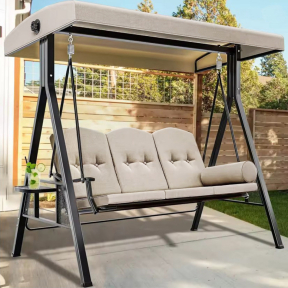 Луксозна триместна градинска люлка с възглавница и две поставки, бежова Луксозна триместна градинска люлка с възглавница и две поставки, бежова