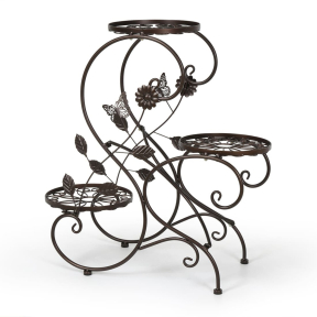 Поставка за растения ковано желязо, 3 нива, дизайн листа и пеперуди, тъмнобронзова