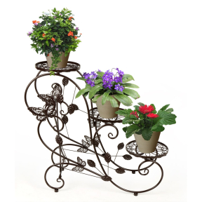 Поставка за растения ковано желязо, стълбообразна с 3 нива, дизайн листа и пеперуди, тъмнобронзова