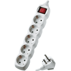 Разклонител с 5 гнезда, 3 м. кабел, 1.5 мм2 и ключ, 16A, 3680W max, Бял